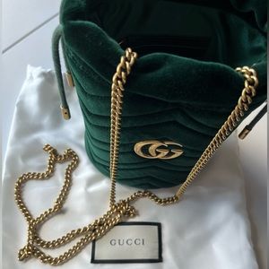 Gucci Marmont Mini Velvet Green Bucket Bag